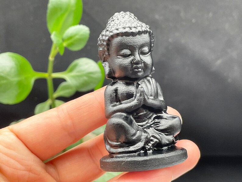May include: A small black figurine of a meditating Buddha. The Buddha is sitting with hands clasped in prayer and eyes closed.