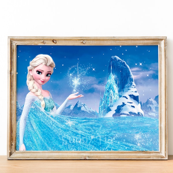 Elsa and Ice Castle picture, Frozen Princess Printable Poster, Wall Art Decor for Kids Room