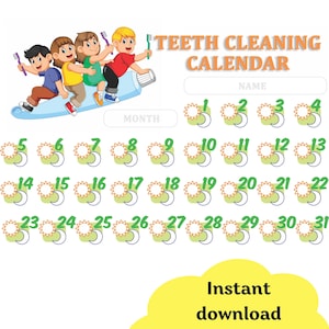 Calendario imprimible para niños pequeños sobre limpieza de dientes, tabla de cepillado de dientes, desafío de limpieza de dientes para niños y adultos, descarga instantánea