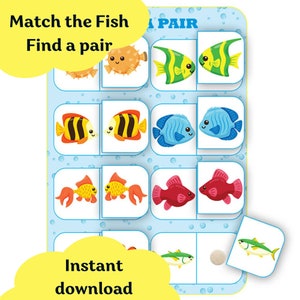 Match the Fish Preschool printables, Animal Matching Activity, Find a Pair, Montessori Game, Toddler Learning Binder, Autism Curriculum