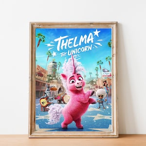 Póster imprimible de Thelma el unicornio, dibujo animado de pony rosa, arte cinematográfico animado, decoración de pared para habitación de niños, descarga digital