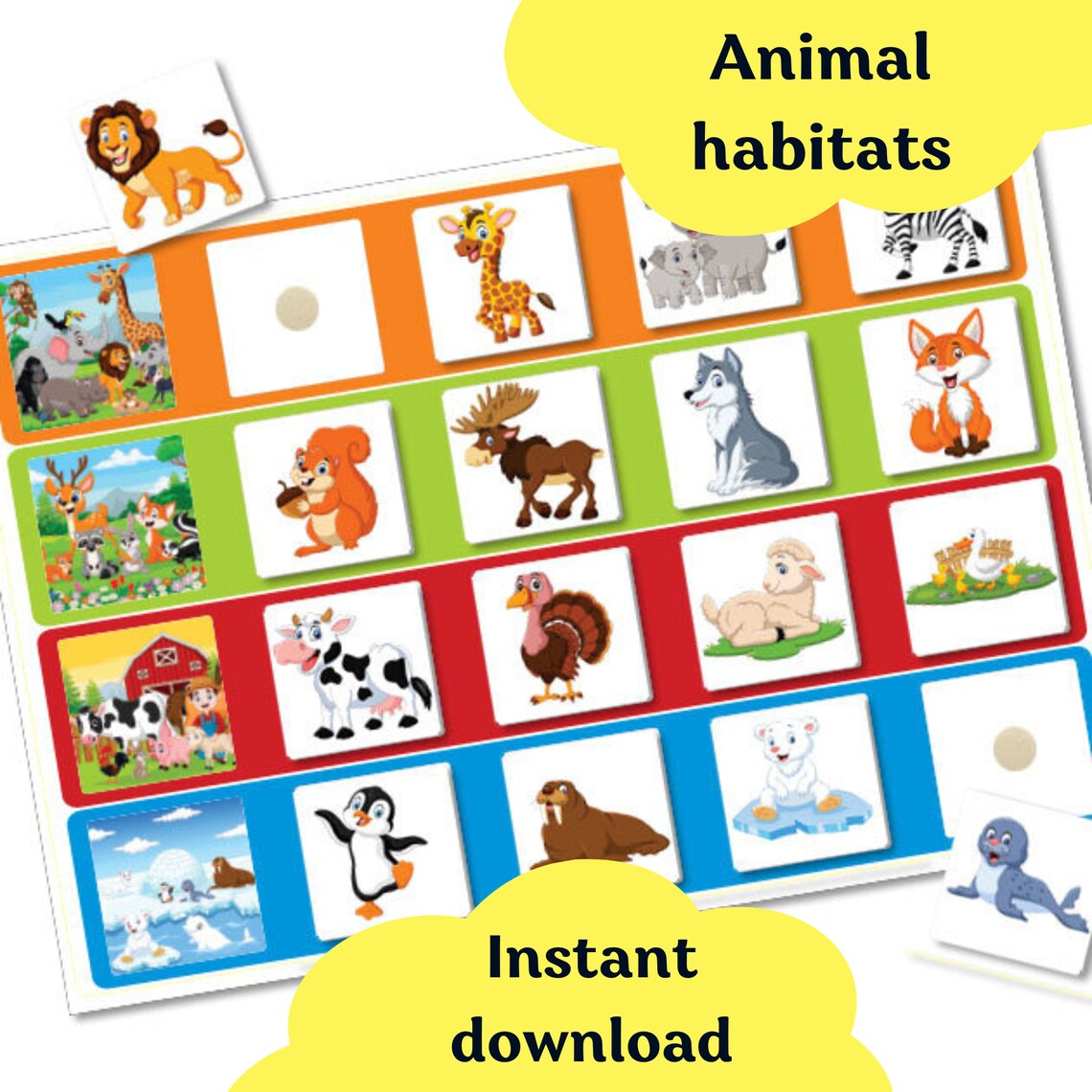 Animals Habitats, Matching Cards Activity, Match Game, Toddler Learning ...