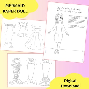 Printable Paper Dolls, Mermaid & Clothes, Outfit for the doll, Coloring Pages PDF JPG, DIY Activities for Kids, Digital Download