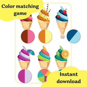 Ice Cream Color Matching Printable Game, Color Sorting Activity, Toddler Learning Binder, Busy Book Pages, Preschool printables