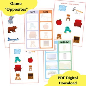 May include: Educational PDF digital download featuring a "Game Opposites" activity. The game includes illustrations of soft and hard objects, and narrow objects. The PDF also includes a "Circle all hard objects" activity.