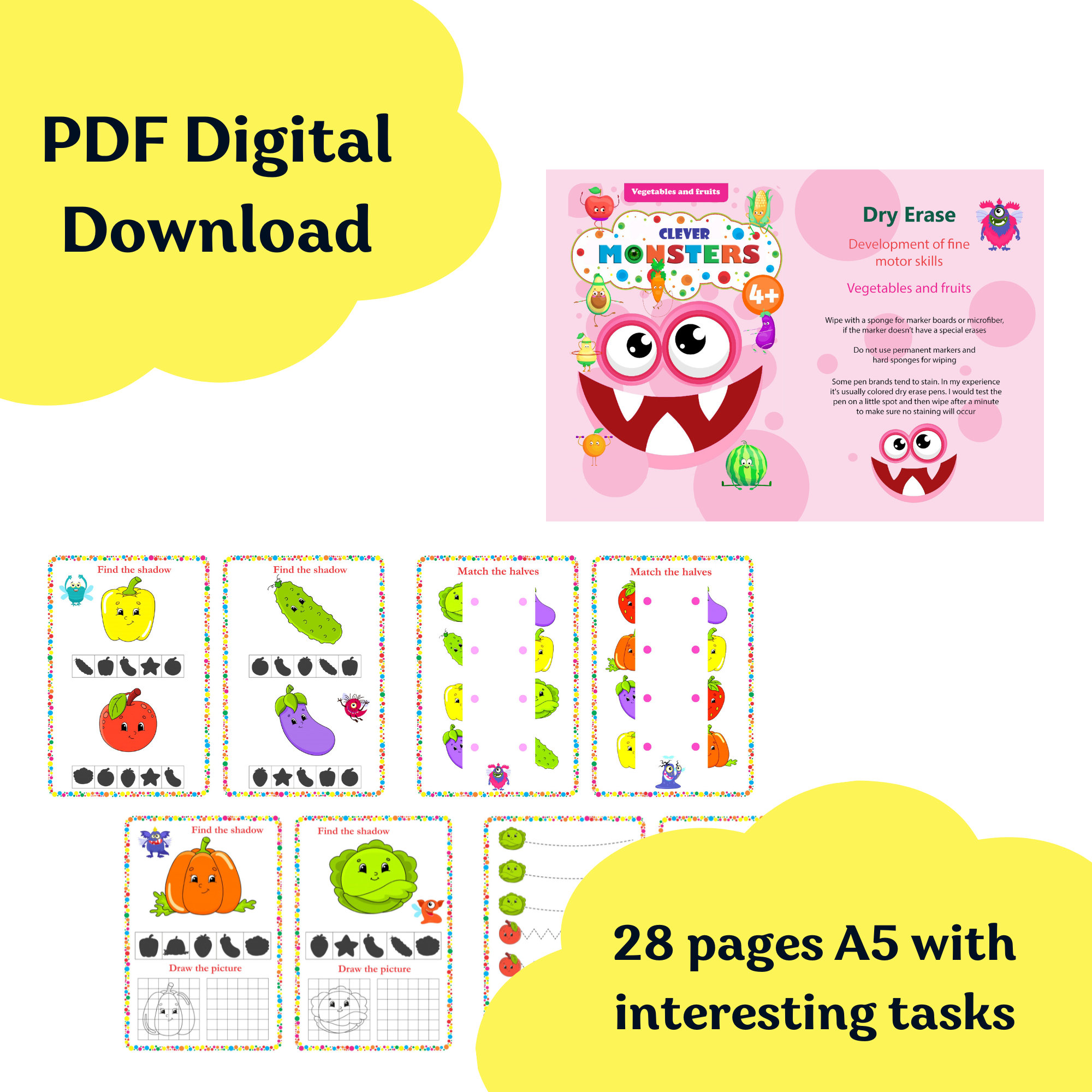 Dry Erase Activity Book Fruits and Vegetables Handwriting Etsy