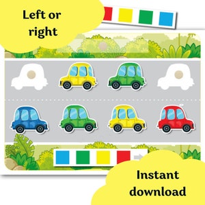 Left and right learning, Preschool printable activities, Cars Match Game, Toddler Learning Binder