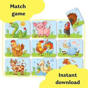 Attività stampabili per bambini, Trova l'altra metà, Schede di abbinamento animali, Gioco di abbinamento, Pagine di libri didattici per bambini piccoli, Materiale stampabile per la scuola materna