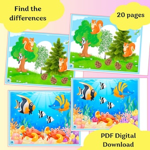 May include: A digital PDF with 20 pages of children's activities. The image features four colorful illustrations: two with squirrels, trees, and pinecones, and two with fish and crabs in an underwater scene. Text includes "Find the differences" and "PDF Digital Download."