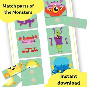 Attività di abbinamento delle carte, attività stampabili per la scuola materna, schede didattiche sui mostri, gioco di abbinamento, raccoglitore didattico per bambini piccoli, pagine di libri pieni di attività