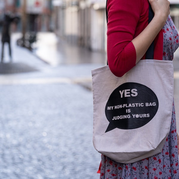 Tote bag en tissu lin avec flex noir à message humoristique pour lutter contre le plastique Cadeau responsable ecologique zero dechet