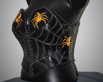 Strapless, corseted-leather crafts labelled - leather on their Web Spiders - unique