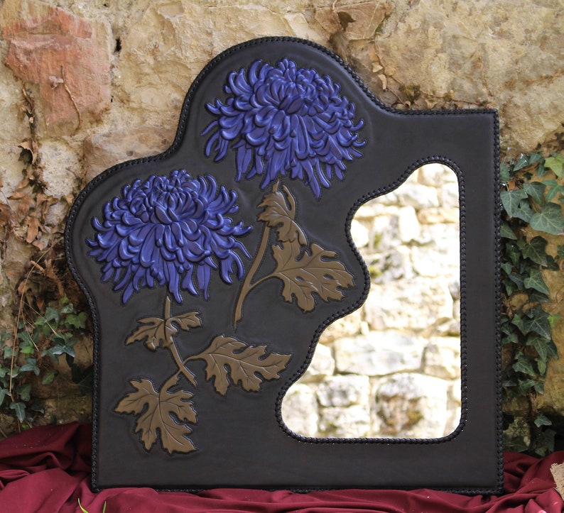Chrysanthemum - labelled crafts - leather wall mirror