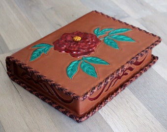 Leather box decorated with a peony - crafts labelled