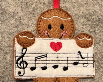 Handmade Christmas Tree/ hanging Decoration, gingerbread holding music notes