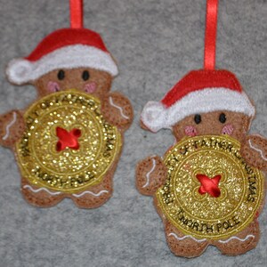 Personalised Christmas Tree/ hanging Decoration, Gingerbread  Man holding Santa’s missing button