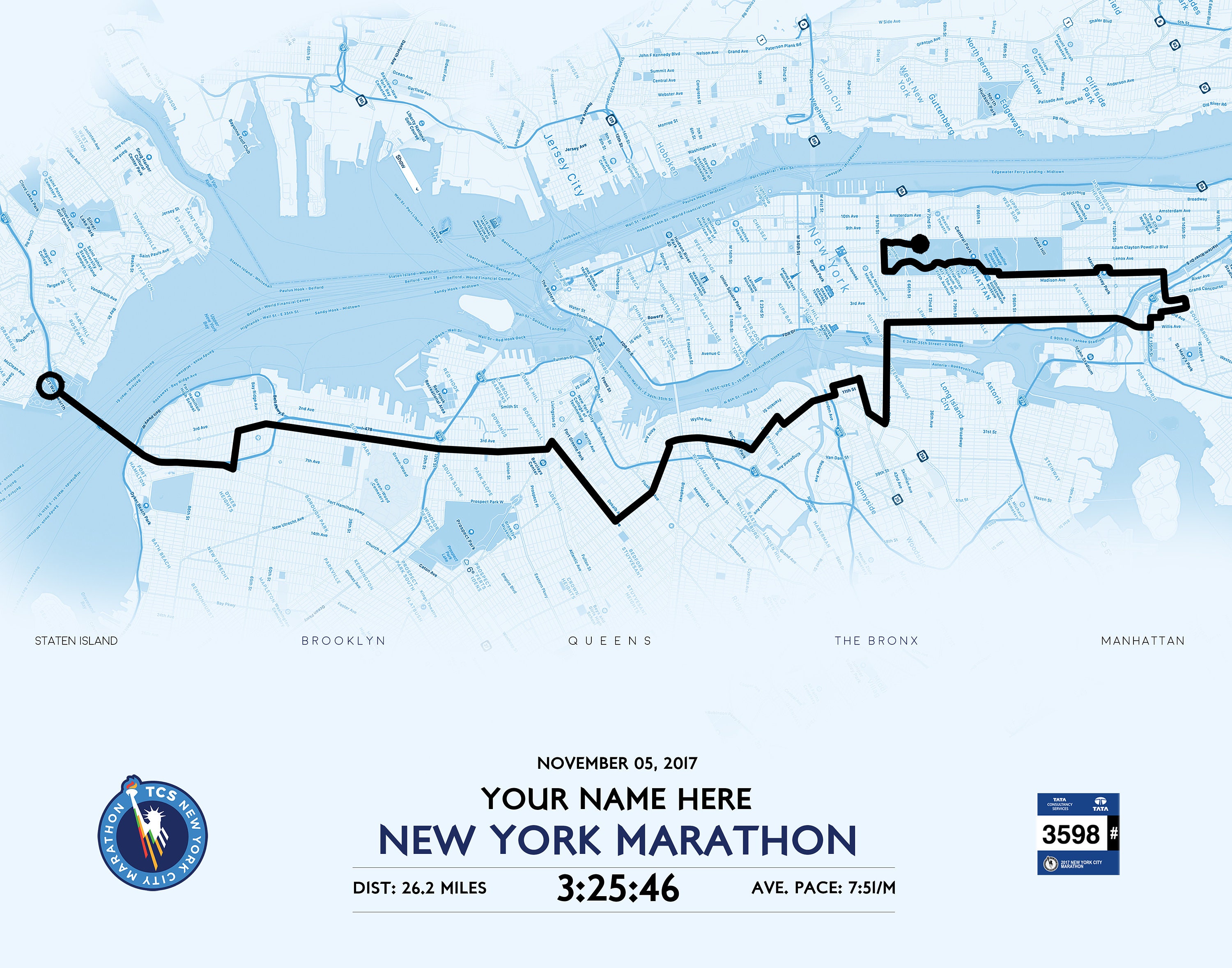 Customised New York City Marathon Route Map portrait AND Etsy