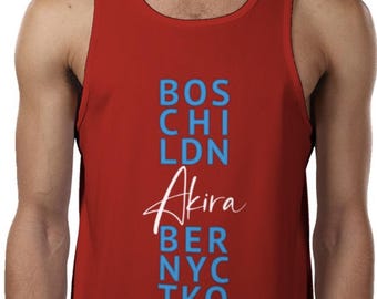 May include: Red tank top with blue text that reads "BOS CHI LDN Akira BER NYC TKO"