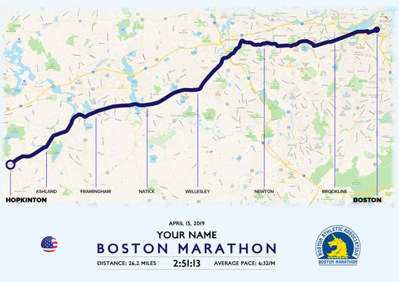 Boston Marathon Route Map Customised Boston Marathon Route Map | Etsy Australia