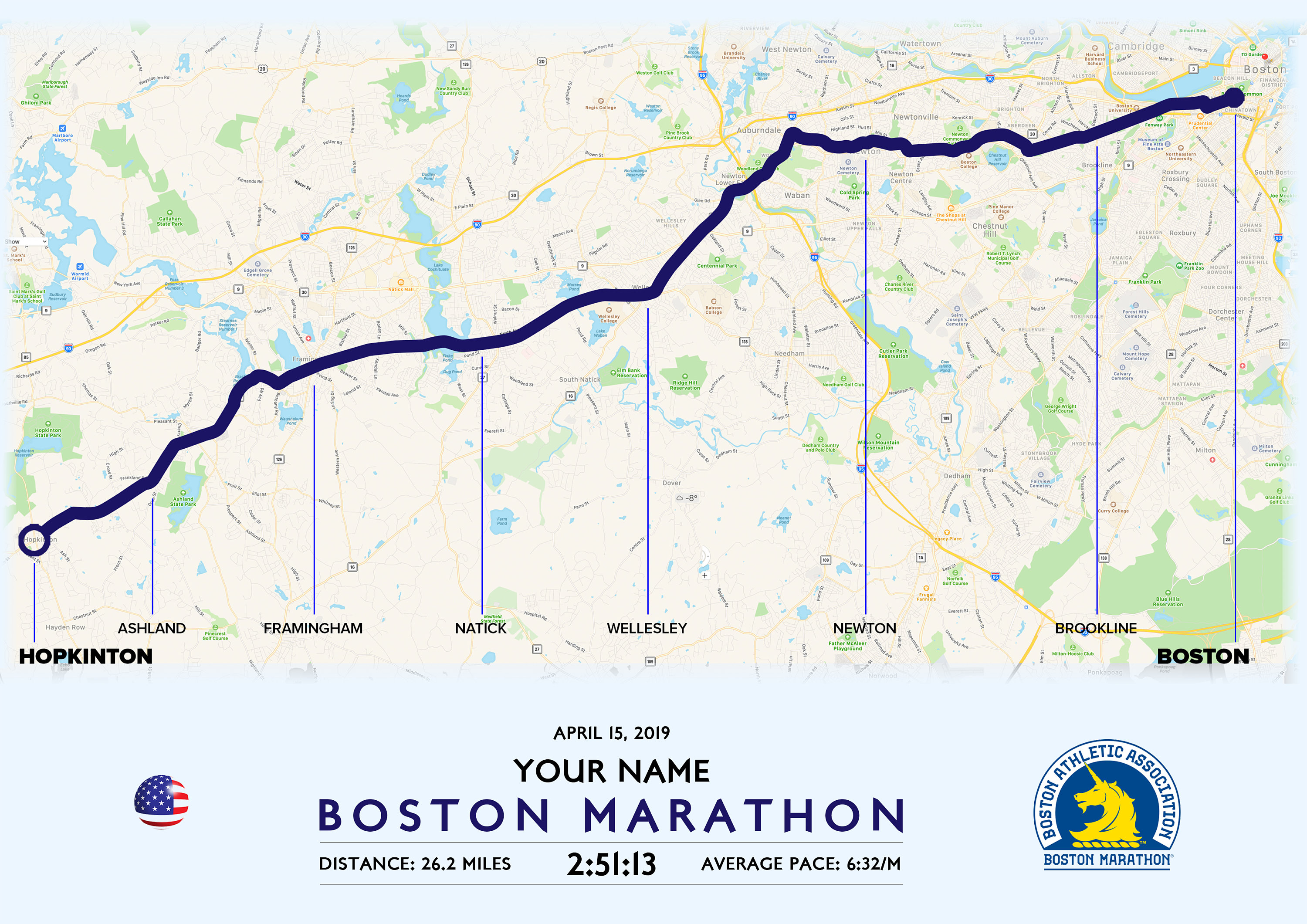 Customised Boston Marathon Route Map high Resolution Image File Etsy