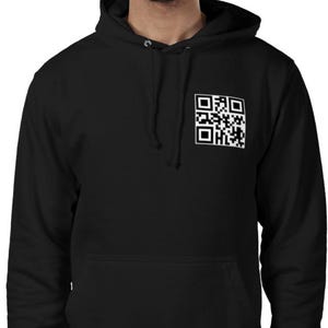 May include: Black hooded sweatshirt with a white QR code printed on the front.