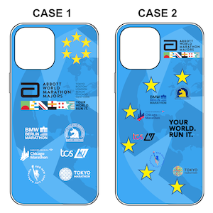 Puede incluir: Una funda de teléfono azul con un diseño que presenta los logotipos de los Abbott World Marathon Majors, incluyendo el maratón de Chicago, el maratón de Tokio y el maratón de Berlín BMW. La funda también presenta un mapa del mundo y el texto "Tu mundo. Corre por él."