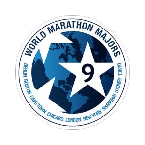 May include: A circular sticker with the text "WORLD MARATHON MAJORS" in a white font. The sticker features a blue globe design with a white star and the number "9". The names of marathon locations are also included.