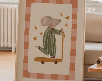 Mouse Scooter Poster, Retro Nursery Wall Art, New Baby Room, Minimalist Toddler Playroom, Whimsical Animal Print for Kids Room, UNFRAMED