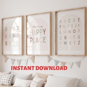 Set di 3 stampe per bambini, poster educativi, stampe con numeri alfabetici neutri, This is My Happy Place, stampabili, decorazioni per la scuola domestica, POSTER ABC