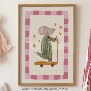 Mouse Scooter Poster, Retro Nursery Wall Art, New Baby Room, Minimalist Toddler Playroom, Whimsical Animal Print for Kids Room, Unframed