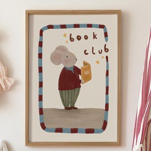 Whimsical Mouse Print, Retro Nursery Wall Art, Book Lover Kid Room, Minimalist Toddler Playroom, Whimsical Animal, UNFRAMED printed poster
