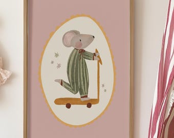 Mouse Scooter Print, Retro Nursery Wall Art, New Baby Room, Minimalist Toddler Room, Whimsical Animal Print for Kids Room, Unframed Printed