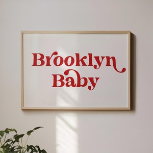 Impresión de bebé de Brooklyn, arte de pared de Brooklyn, decoración de pared de moda, póster imprimible de Nueva York, descargable, decoración de pared de apartamento, descarga instantánea en rojo