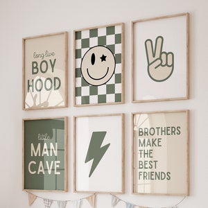 Set di 6, Little Man Cave, Long Live Boyhood, Nursery verde neutro, Poster per nursery a scacchi, Decorazione per cameretta dei bambini, Decorazione per cameretta condivisa