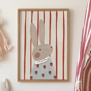 Whimsical Bunny Print, Retro Nursery Wall Art, New Baby Room, Minimalist Toddler Playroom, Cute Animal Print for Kids Room, Unframed Poster