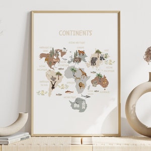 Mapa francés, continentes franceses, guardería neutra, habitación de bebé, habitación de niños, póster para niños pequeños, habitación compartida, sala de juegos imprimible, sala de juegos minimalista
