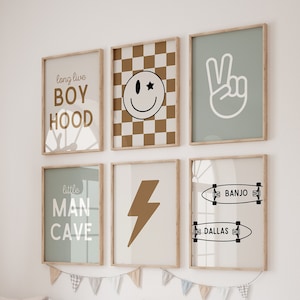 Juego de 6 nombres personalizados para niños, diseño de rayo, decoración retro para habitación infantil, póster con emoticonos a cuadros, decoración para habitación de bebé niño, ¡Genial!