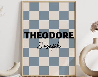 Personalized Name, Boho Blue Print, Bohemian Nursery, Kid Room, Toddler Wall Decor, Downloadable, Printable, Checkerboard Kid Room, Playroom