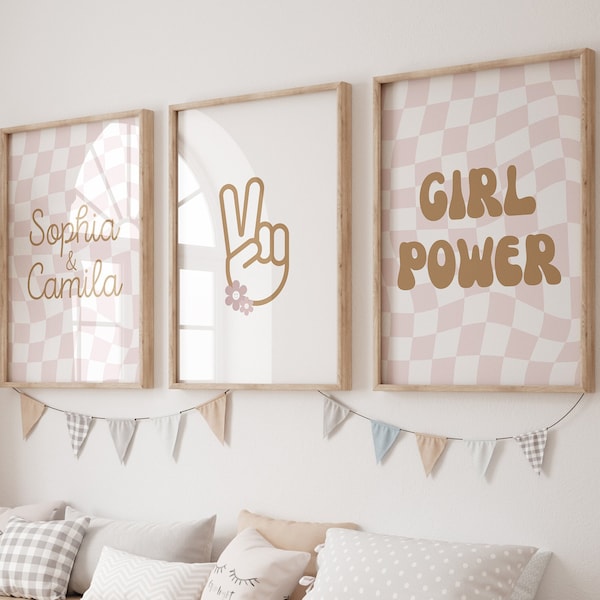 Personalized Girl Power, Set of 3 Girls Print, Digital Download, Girl Playroom Poster, Retro Girl Room, Pink Girl Room Wall Art, Printable