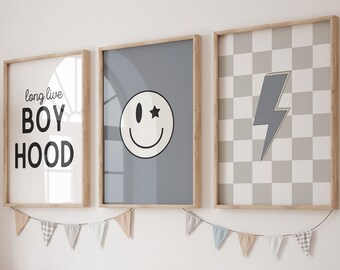 Long Live Boyhood, Gray Nursery, Checkered Nursery Poster, Baby Boys Kids Room Decor, Toddler Poster, shared boy room, lightning bolt print
