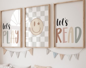 Let's Play Sign, Let's Read, Neutral Nursery Printable, kids room wall art, Playroom Decor, kids motivation, Checkerboard print