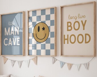 Little Man Cave, Long Live Boyhood , Mustard Blue Nursery, Checkered nursery Poster, Baby Boys Kids Room Decor, Toddler Poster, shared room