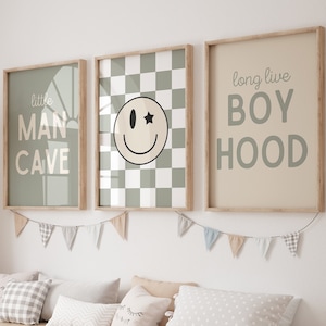 Jaskinia Małego Człowieka, Niech Żyje Chłopięcość, Sage Green Nursery, Plakat do pokoju dziecięcego w kratkę, Dekoracja pokoju dziecięcego dla chłopców, Plakat dla malucha, wspólny pokój