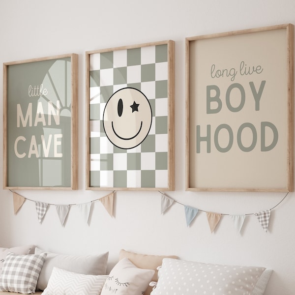 Little Man Cave, Long Live Boyhood , Sage Green Nursery, Checkered Smiley Poster, Baby Boys Kids Room Decor, Toddler Poster, shared room