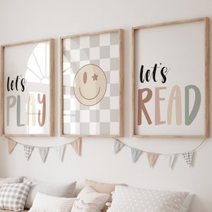 Let&#39;s Play Sign, Let&#39;s Read, Neutral Nursery Printable, kids room wall art, Playroom Decor, kids motivation, Checkerboard print