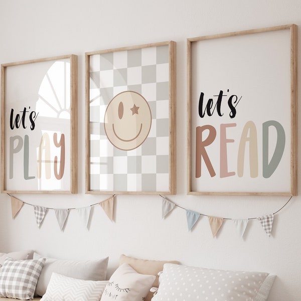 Let's Play Sign, Let's Read, Neutral Nursery Printable, kids room wall art, Playroom Decor, kids motivation, Checkerboard print