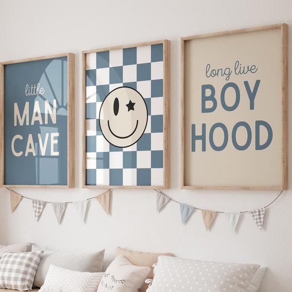Little Man Cave, Long Live Boyhood ,Boho Blue Nursery, Checkered Smiley Poster, Baby Boys Kids Room Decor, Toddler Poster, shared room