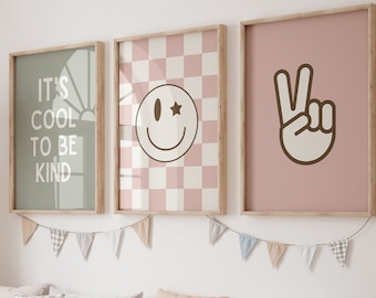 Retro Pink Green Nursery, Set of 3 Printable, Kid Room Wall Art, Gage Green Girl Room, Checkerboard Print, Peace Sign Poster, Boho Pink Art