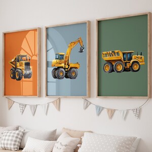 Construction Trucks Prints, DIGITAL DOWNLOAD, Set of 3, Construction Nursery, Toddler Poster, Boy Room Wall Art, Playroom Vehicles Posters