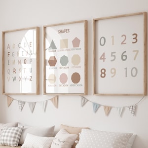 Carteles educativos, conjunto de 3 impresiones para niños, impresiones de números de alfabeto neutro, imprimibles, decoración de educación en el hogar, recursos educativos, ABC POSTER